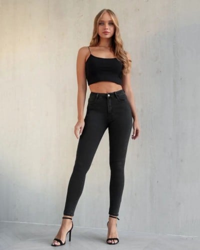 بنطال جينز سكيني عالي الخصر بجيب مائل