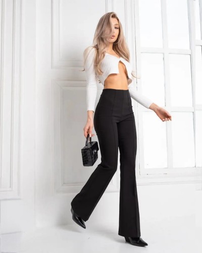 بنطال واسع الخصر بتفاصيل درزات - أسود