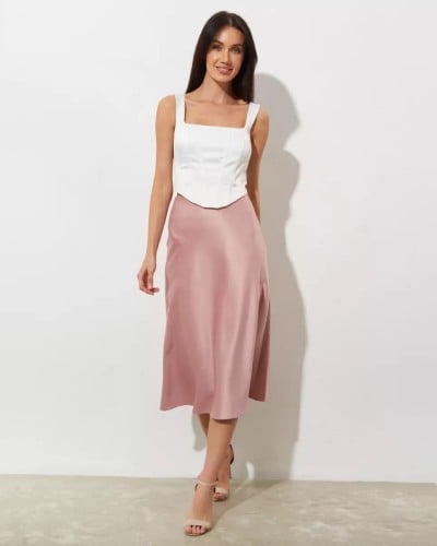 تنورة ساتان ميدي عالي الخصر