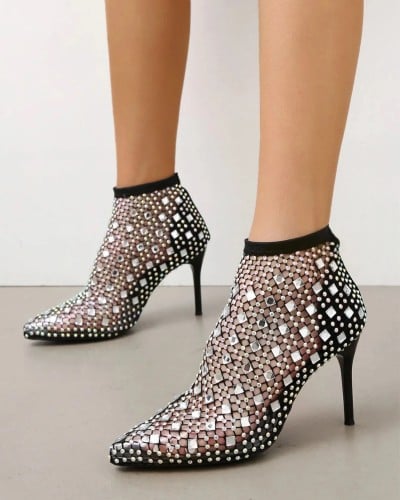 حذاء بوت بتصميم شبكي مرصع بأحجار الراين