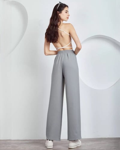 بنطال كاجوال مريح بأرجل واسعة - رمادي