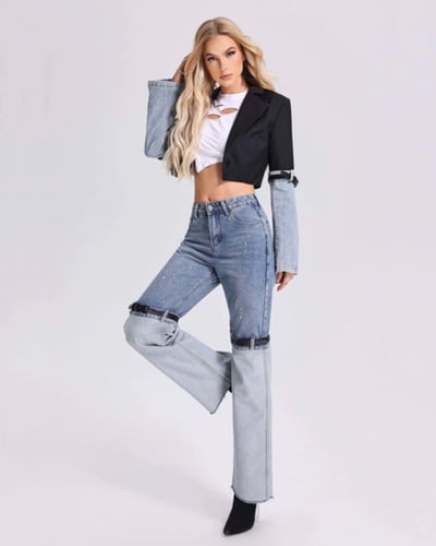 جاكيت نسائي بأكمام جينز وأزرار أمامية