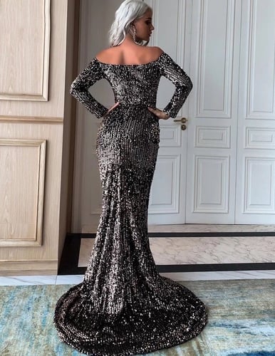 فستان سهرة ترتر طويل مكشوف الكتف