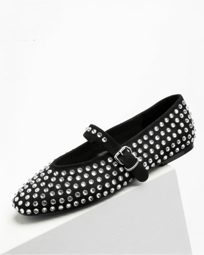 حذاء نسائي باليرينا سوداء مرصعة بالكريستال بحزام إ...