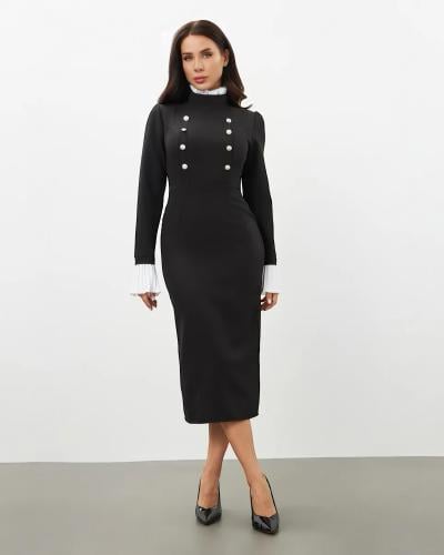 فستان أسود رسمي أنيق بأزرار مزدوجة وتفاصيل كشكش عل...