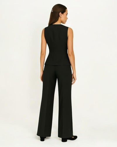 بدلة نسائية أنيقة بدون أكمام مع بنطال واسع – أسود