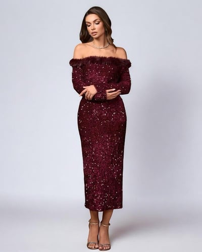 فستان ميدي بترتر عنابي بكتف مكشوف وتفاصيل ريش فاخر...