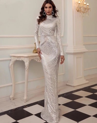 فستان سهرة ترتر طويل برقبة مدورة