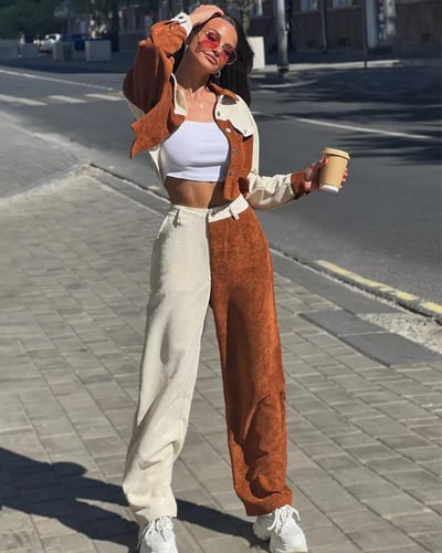 طقم نسائي جاكيت وبنطال ثنائي الألوان بخصر مرتفع