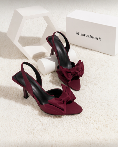 صندل بكعب عالي بلون عنابي مع فيونكة ساتان – تصميم...