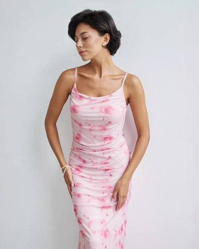 فستان كامي من القماش الشبكي بطبعة زهور