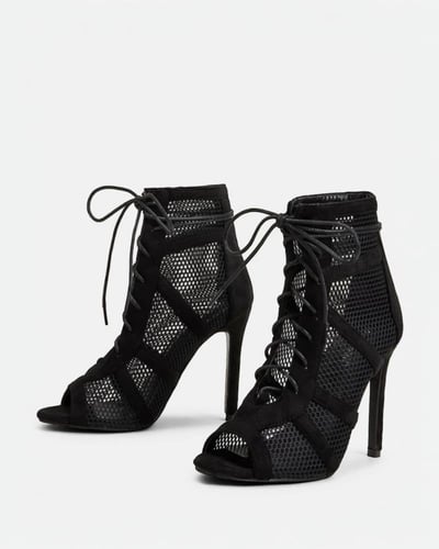 حذاء بكعب عالي شبكي أنيق - أسود