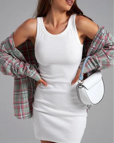 فستان نسائي كاجوال قصير بدون أكمام ورقبة دائرية