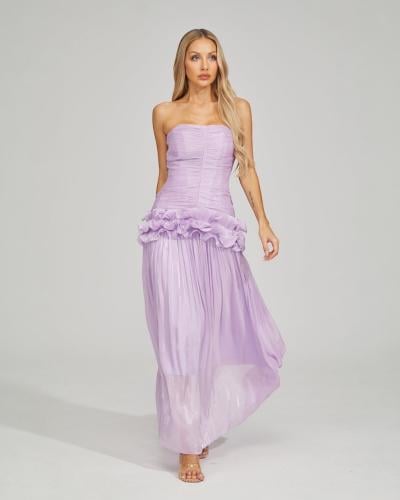 فستان سهرة بنفسجي طويل بدون أكمام بكشكش ناعم