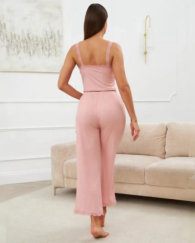 طقم بيجامة نسائي وردي من قطعتين بستايل مريح ودانتي...