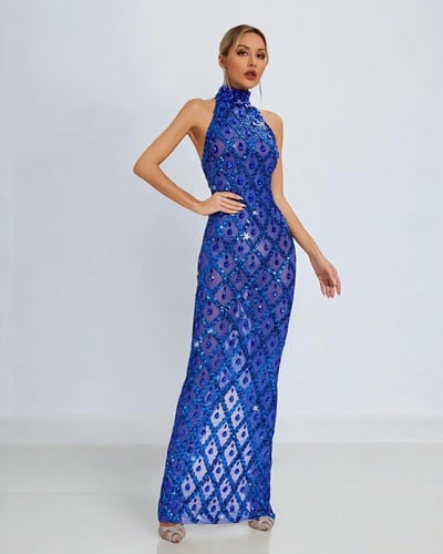 فستان سهرة قاخر طويل مزين بالكريستال وأحجار الراين...