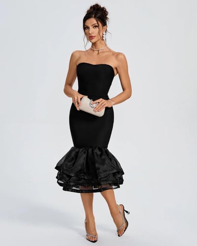 فستان أسود ميدي مكشوف الكتف شيكي أنيق