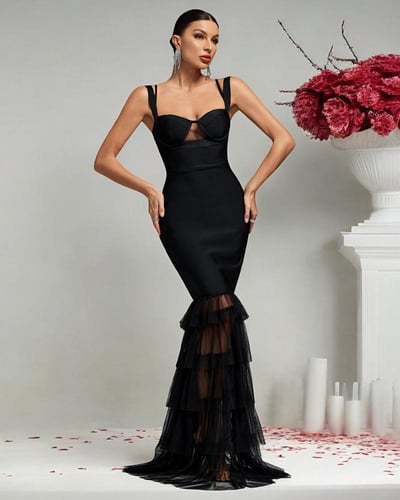 فستان سهرة بوديكون بتصميم شبكي - أسود