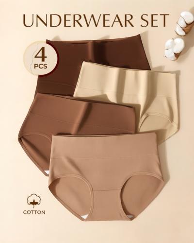 طقم سراويل نسائية قطنية عالية الخصر - 4 قطع بألوان...