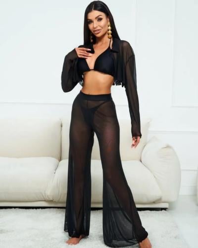 طقم سباحة أربع قطع بيكيني مع بنطال شيفون وقميص قصي...