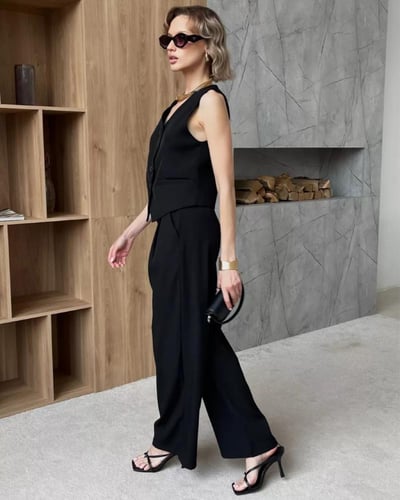 طقم بدلة نسائية سترة وبنطال كاجوال - أسود