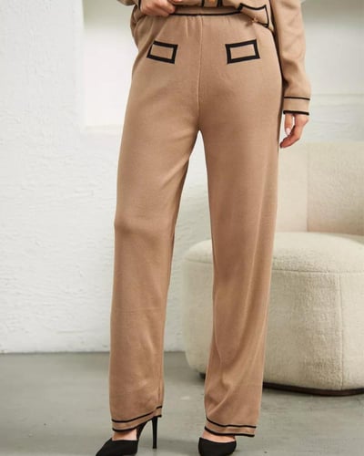 طقم نسائي محبوك من قطعتين سترة وبنطال واسع - بني