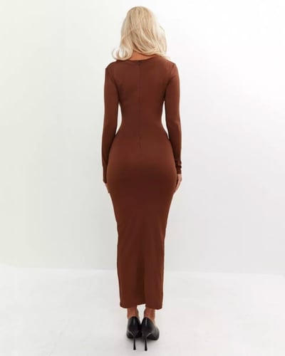 فستان ميدي بياقة مدورة وأكمام مطوية - بني