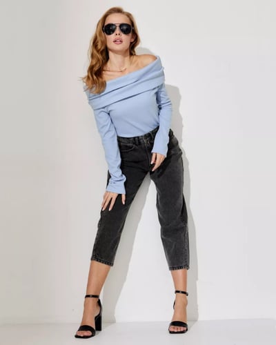 بلوزة نسائية مطوي مكشوف الكتف - سماوي