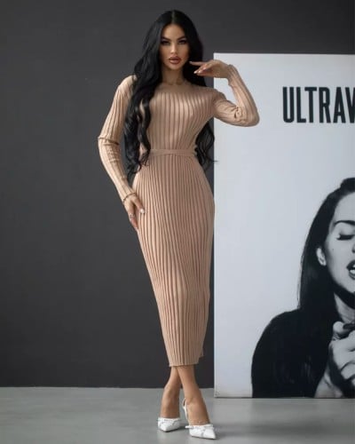 فستان نسائي منسوج أنيق بأكمام طويلة ورقبة دائرية