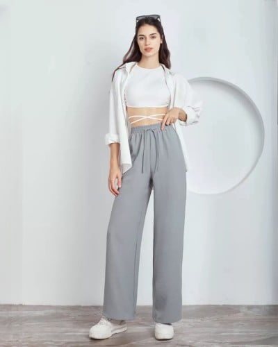 بنطال كاجوال مريح بأرجل واسعة - رمادي