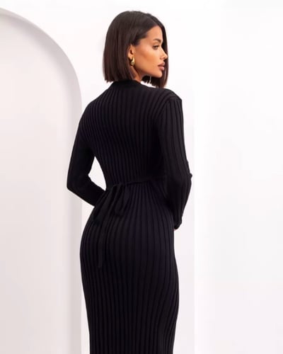 فستان نسائي منسوج أنيق بأكمام طويلة ورقبة دائرية -...