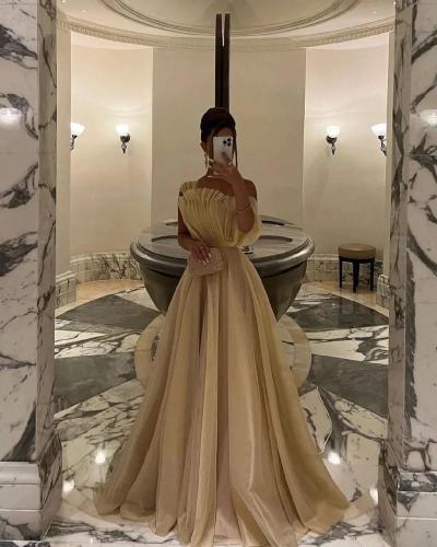 فستان سهرة شامبين مكتف واحد وكشكشة