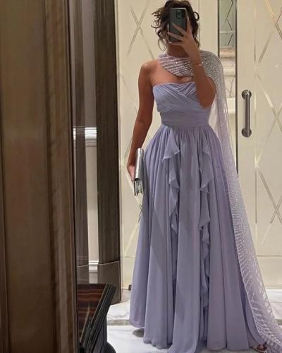 فستان سهرة موف ناعم بتطريز لمعة وشال مدمج