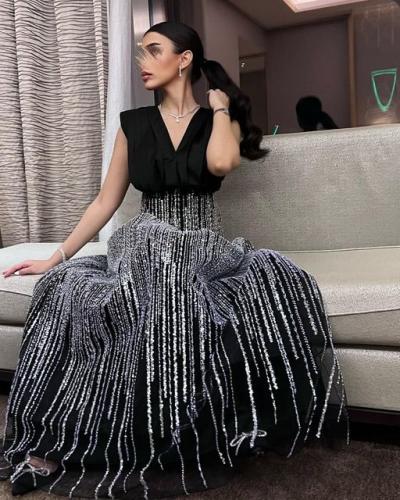 فستان سهره اسود تطريز كمبيوتر