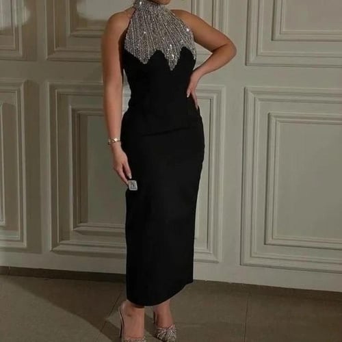 فستان سهرة أسود ميدي بياقة مطرزة