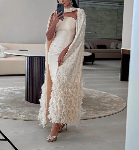 فستان سهرة بيج قطعتين وشاح سهرة ريش