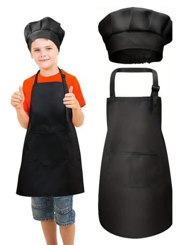 مريلة أطفال مع قبعة شيف لون أسود من عمر 3 إلى 7