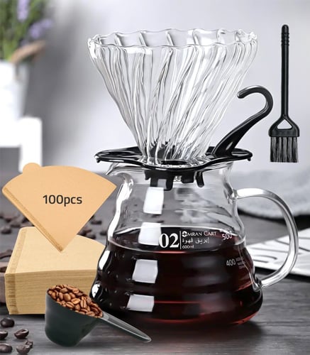 طقم تحضير قهوة V60 من Omran Cart مع سيرفر زجاجي