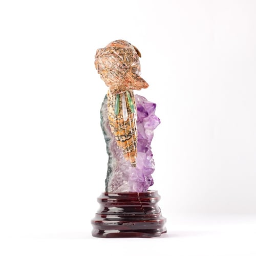 ببغاء اراجونايت على حجر الاميثيست