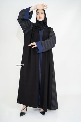 عباية كلوش ملكي قطان كحلي وكتان مقلم BB113