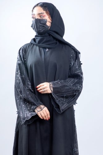 عباية نص كلوش كتان مع دانتيل اسود في الظهر والأكما...
