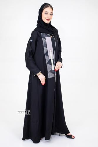 عباية صالونة قصة عادية مع كلفة امامية رمادي وبيج B...