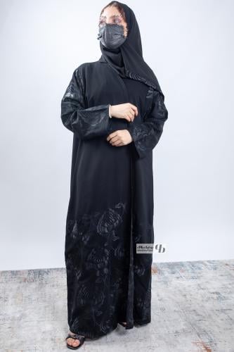 عبايه نص كلوش قماش سراميك مع تطريز اسود BB274