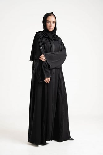 عبايه كلوش تحديد قيطان مع طرحة اسود BB016