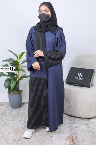 عباية كتان كحلي مقلم BB109