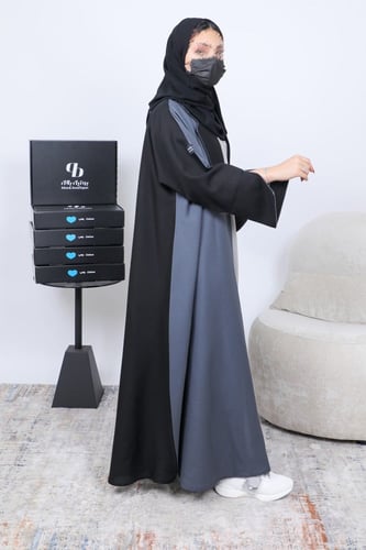 عباية بليزر كلوش قماش كتان كوري نص لون رمادي BB086