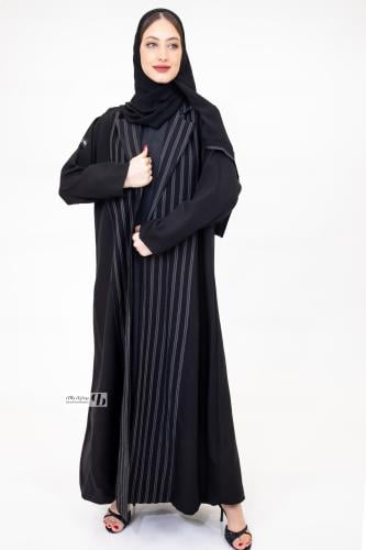 عباية كتان قصة جاكيت مقلم كامل وجيوب امامية BB281