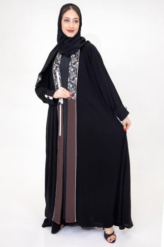 عباية ملكي قصة نص كلوش بكلفة بيج وبني مع ازرار زين...