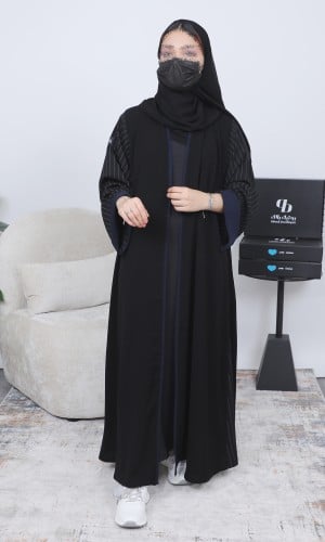 عباية كلوش ملكي قطان كحلي وكتان مقلم BB113