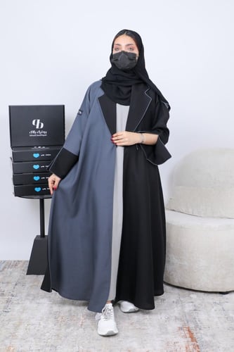 عباية بليزر كلوش قماش كتان كوري نص لون رمادي BB086